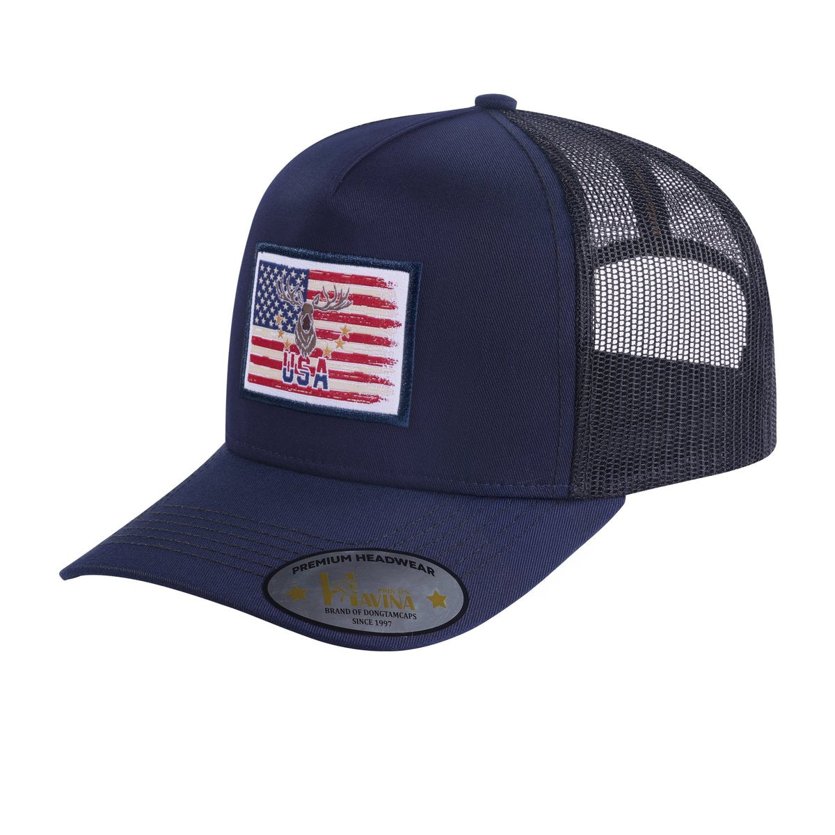 USA Deer Hunter 5-Panel Trucker Hat with Navy front and Black back