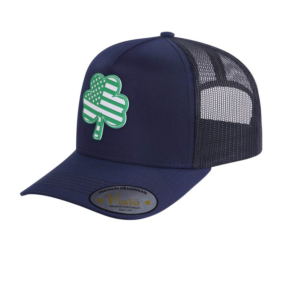 St. Patrick's Day Four Leaf Shamrock 5-Panel Trucker Hat with Navy front and Black back