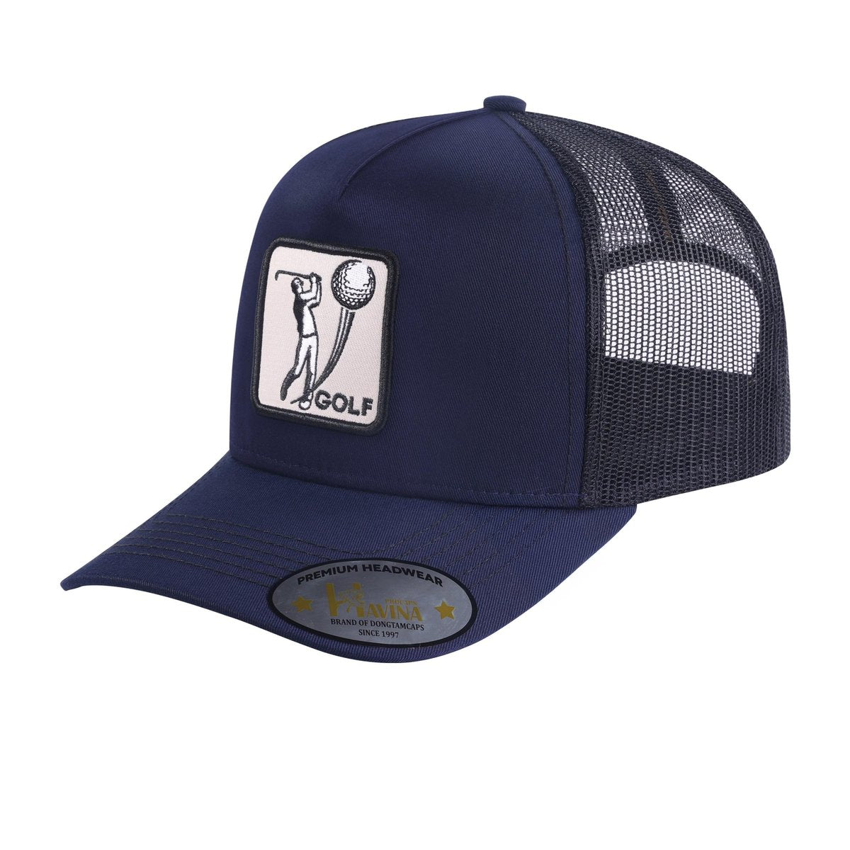 Golf 5-Panel Trucker Hat with Navy front and Black back
