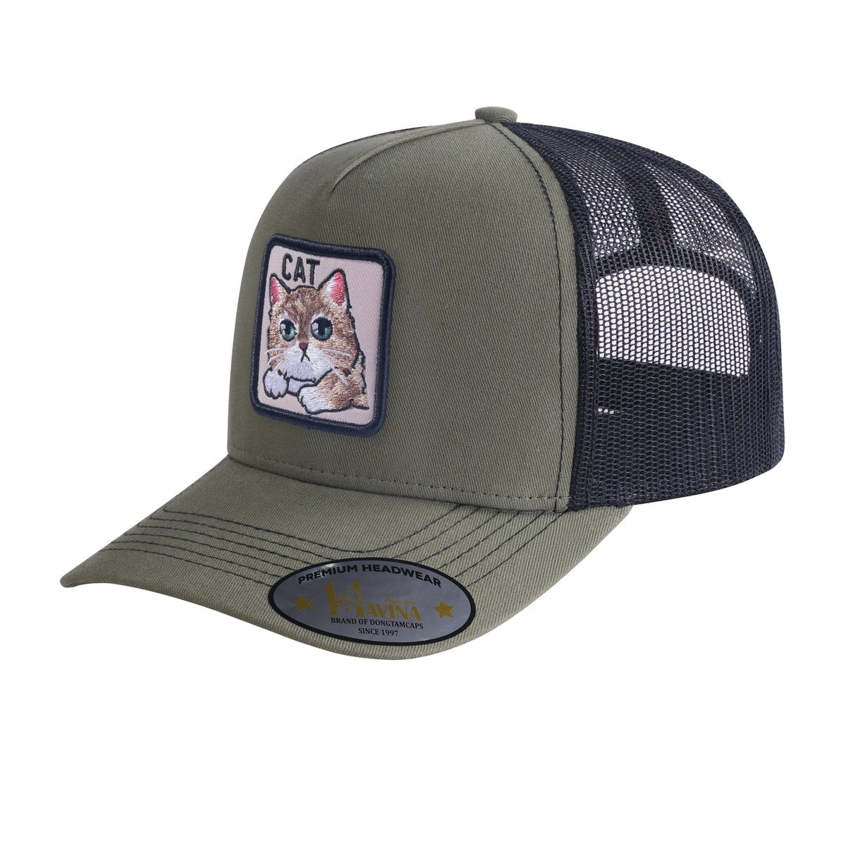 Cat 5-Panel Trucker Hat with Olive front and Black back