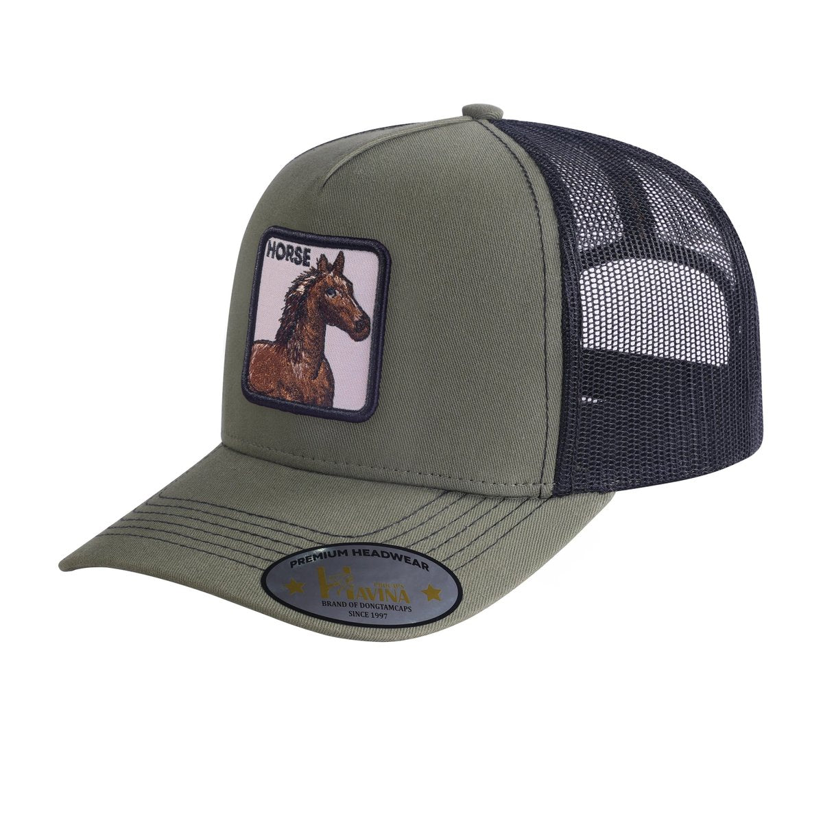Horse 5-Panel Trucker Hat with Olive front and Black back