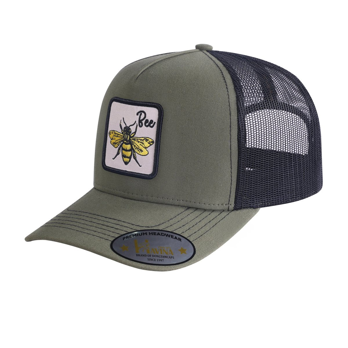 Bee 5-Panel Trucker Hat with Olive front and Black back