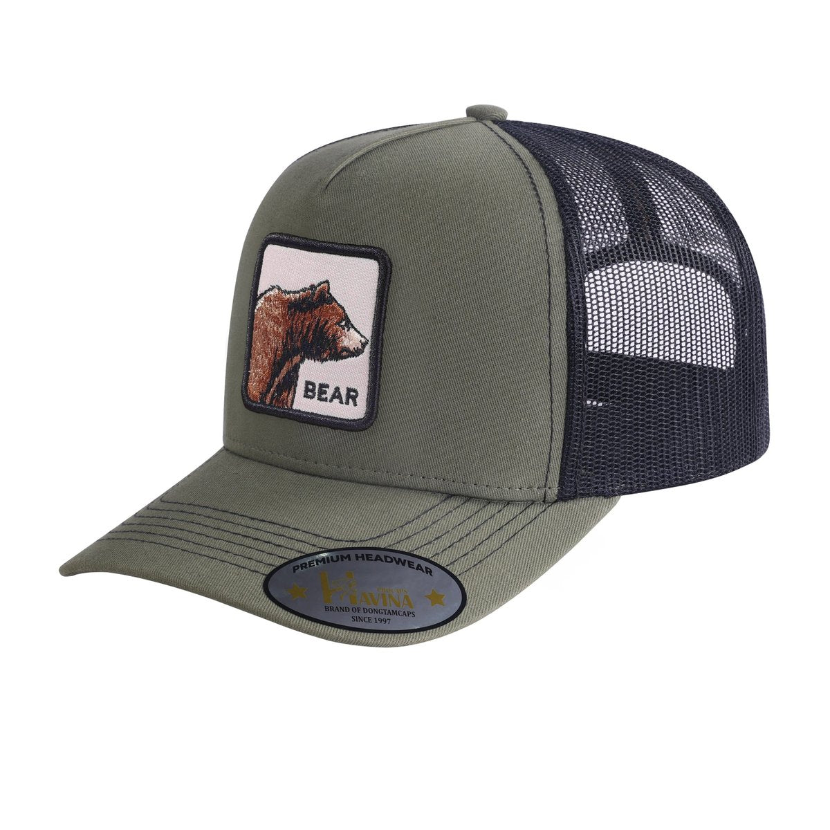 Bear 5-Panel Trucker Hat with Olive front and Black back