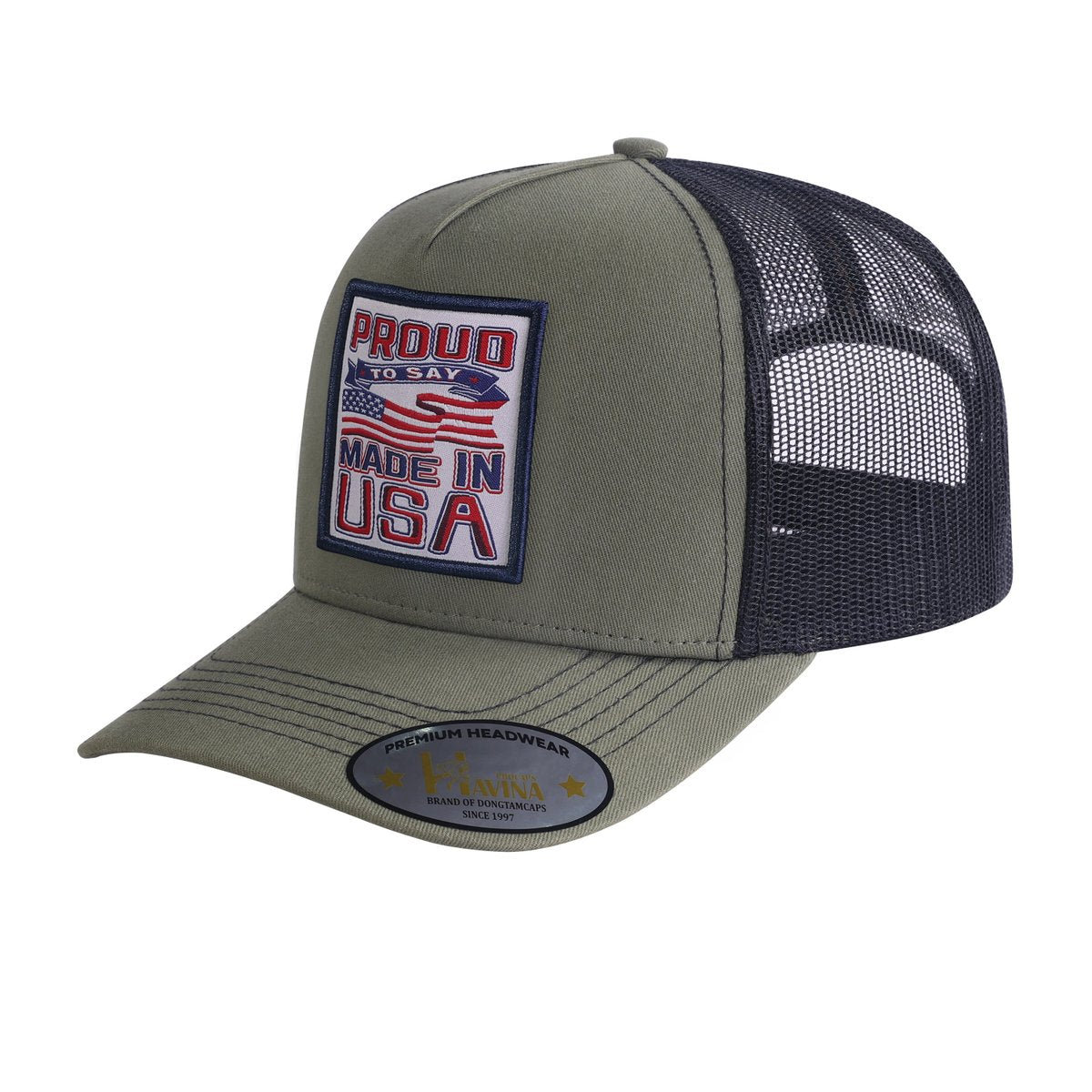 Proud to Say Made in USA 5-Panel Trucker Hat with Olive front and Black back