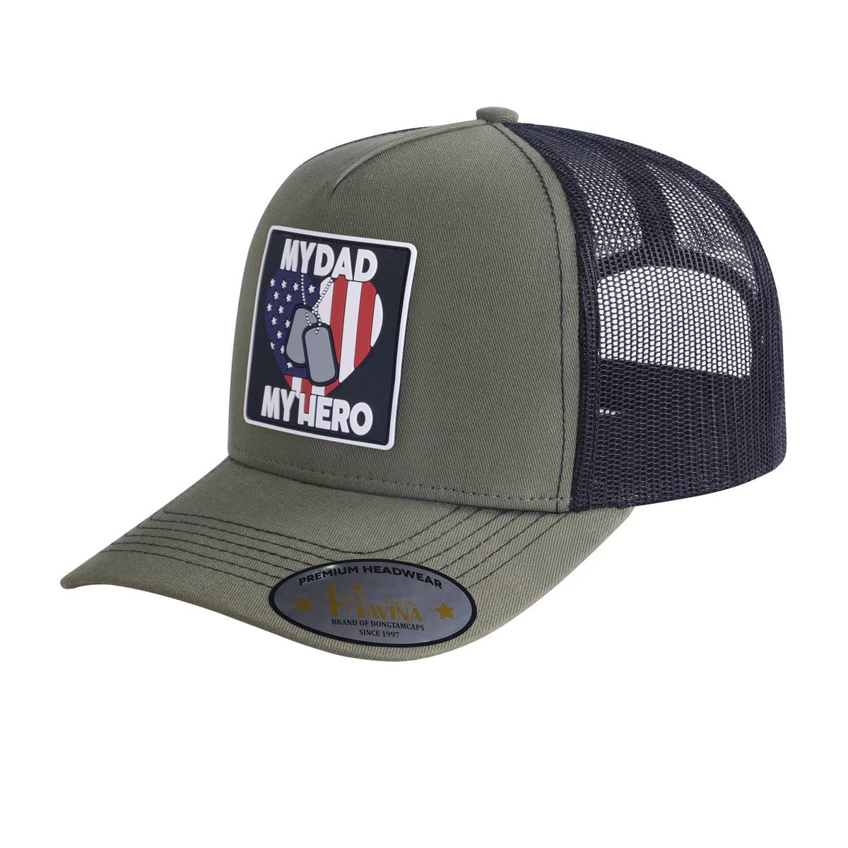 My Dad My Hero 5-Panel Trucker Hat with Olive front and Black back