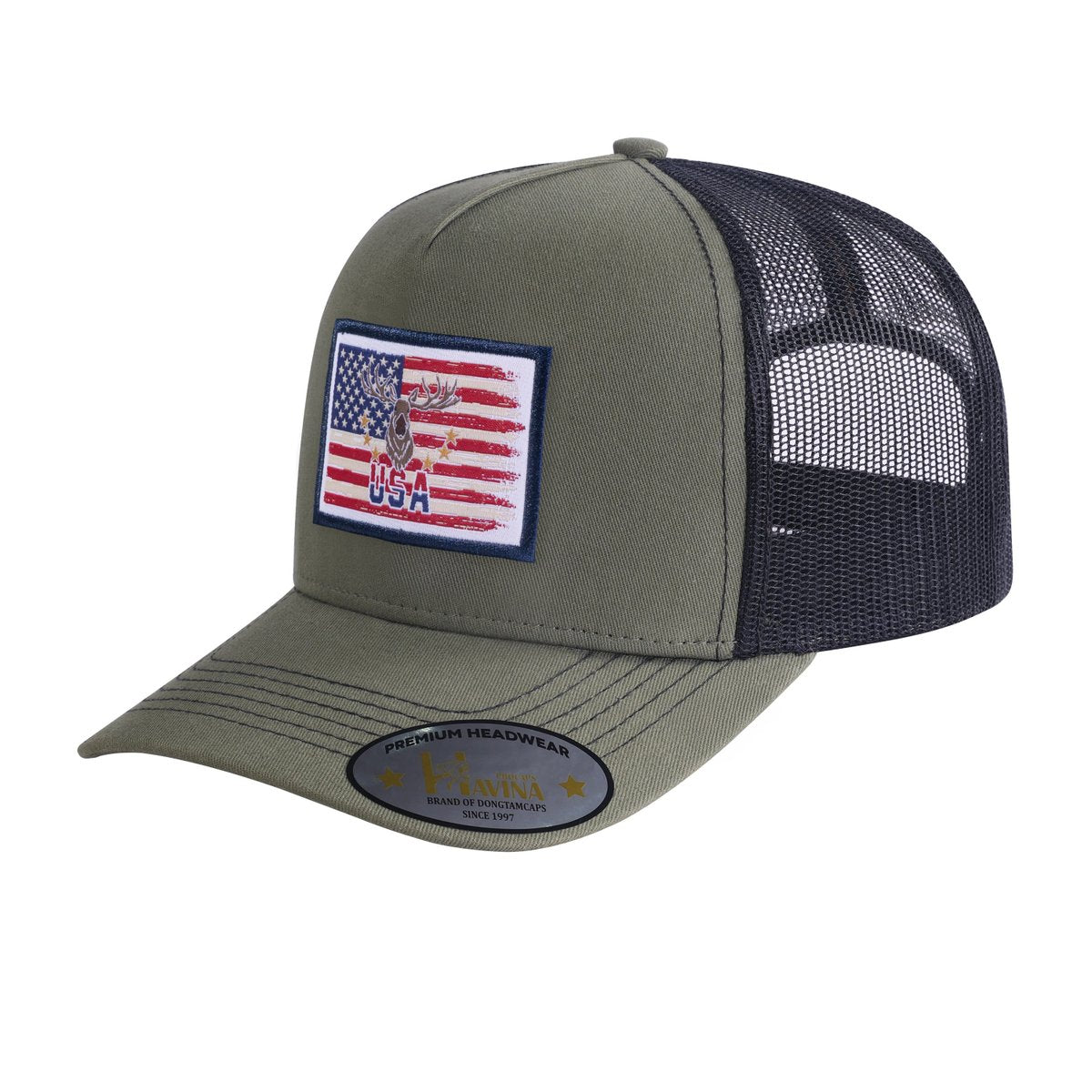 USA Deer Hunter 5-Panel Trucker Hat with Olive front and Black back