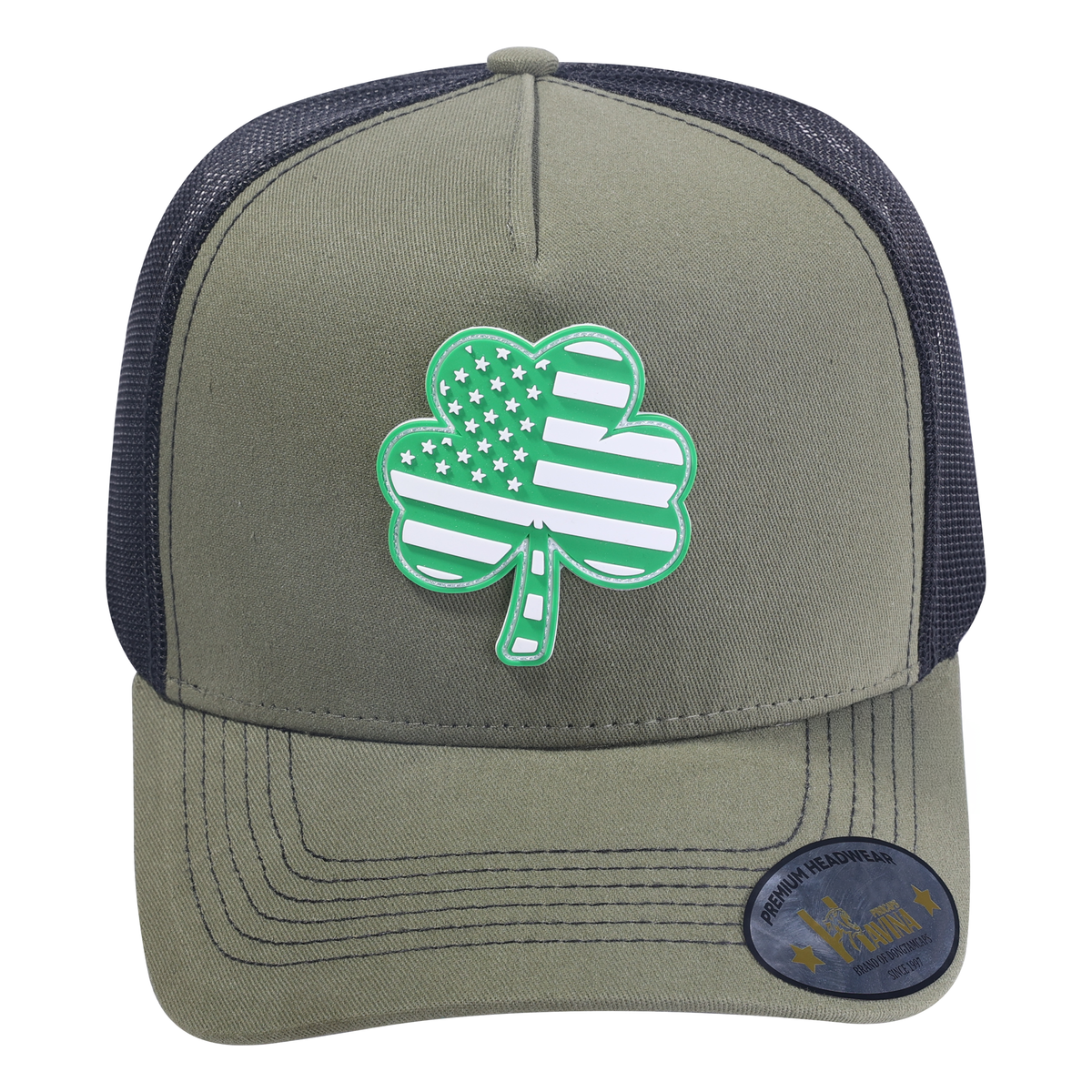 St. Patrick's Day Four Leaf Shamrock 5-Panel Trucker Hat with Olive front and Black back