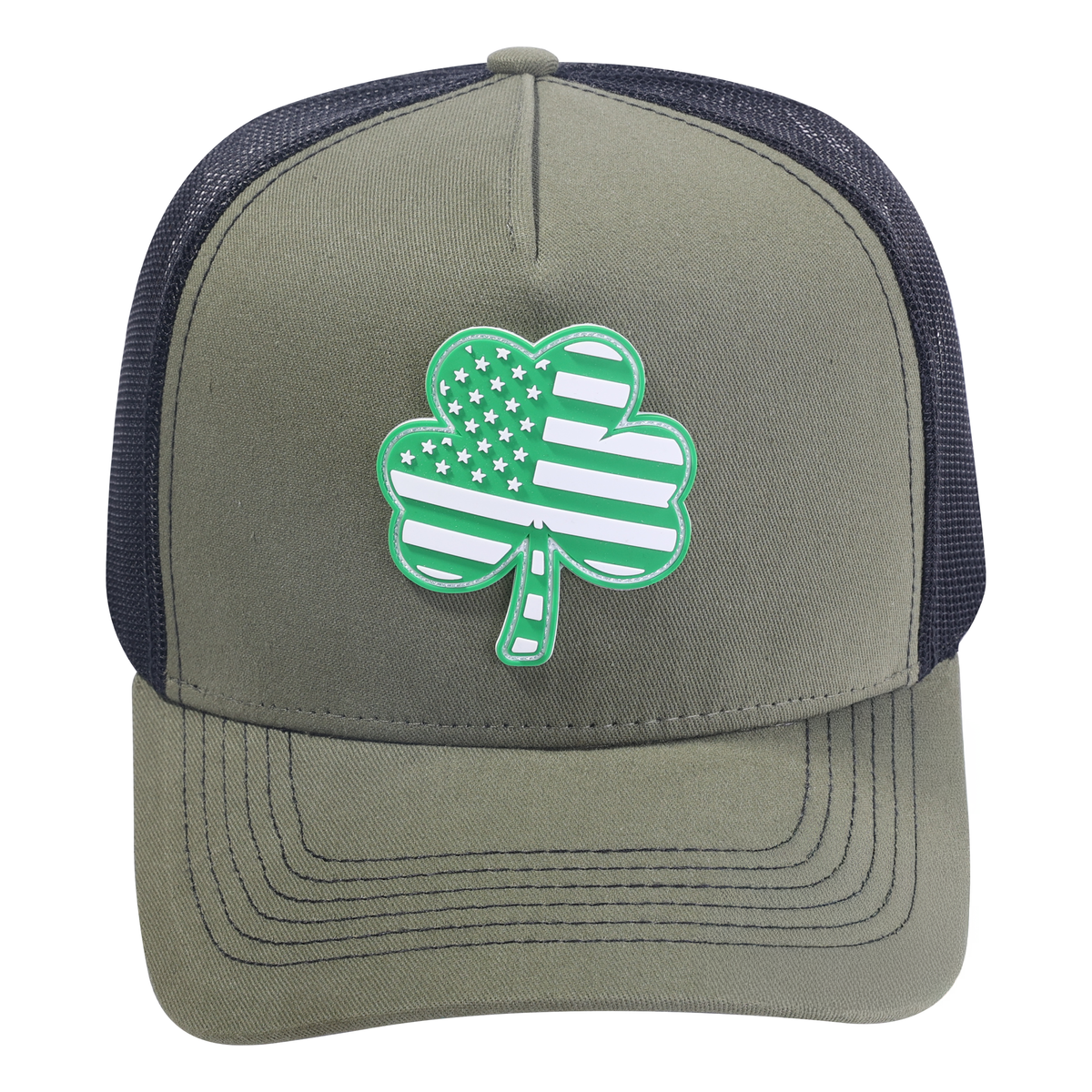 St. Patrick's Day Four Leaf Shamrock 5-Panel Trucker Hat with Olive front and Black back