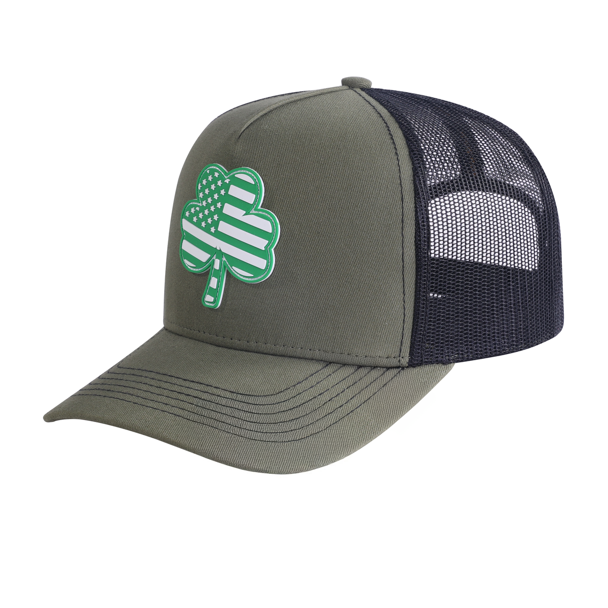 St. Patrick's Day Four Leaf Shamrock 5-Panel Trucker Hat with Olive front and Black back