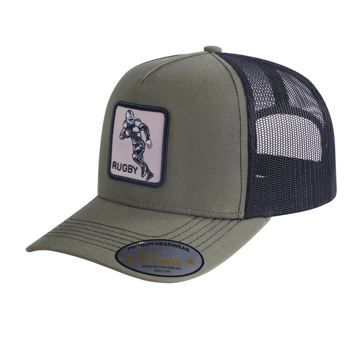 Rugby 5-Panel Trucker Hat with Olive front and Black back