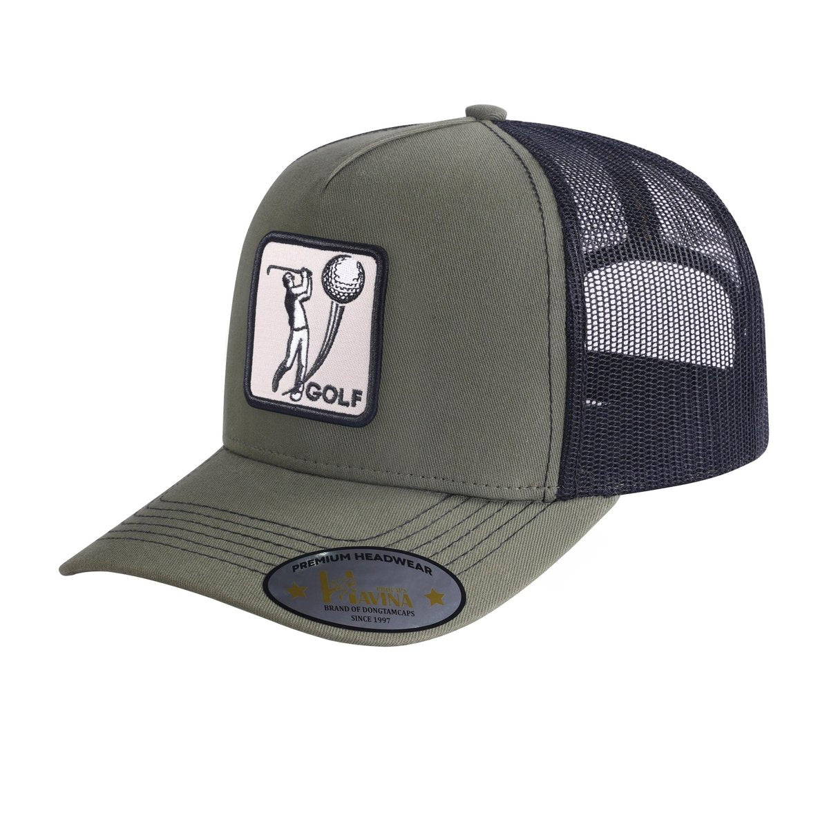 Golf 5-Panel Trucker Hat with Olive front and Black back