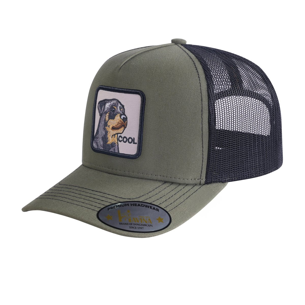 Cool Dog 5-Panel Trucker Hat with Olive front and Black back