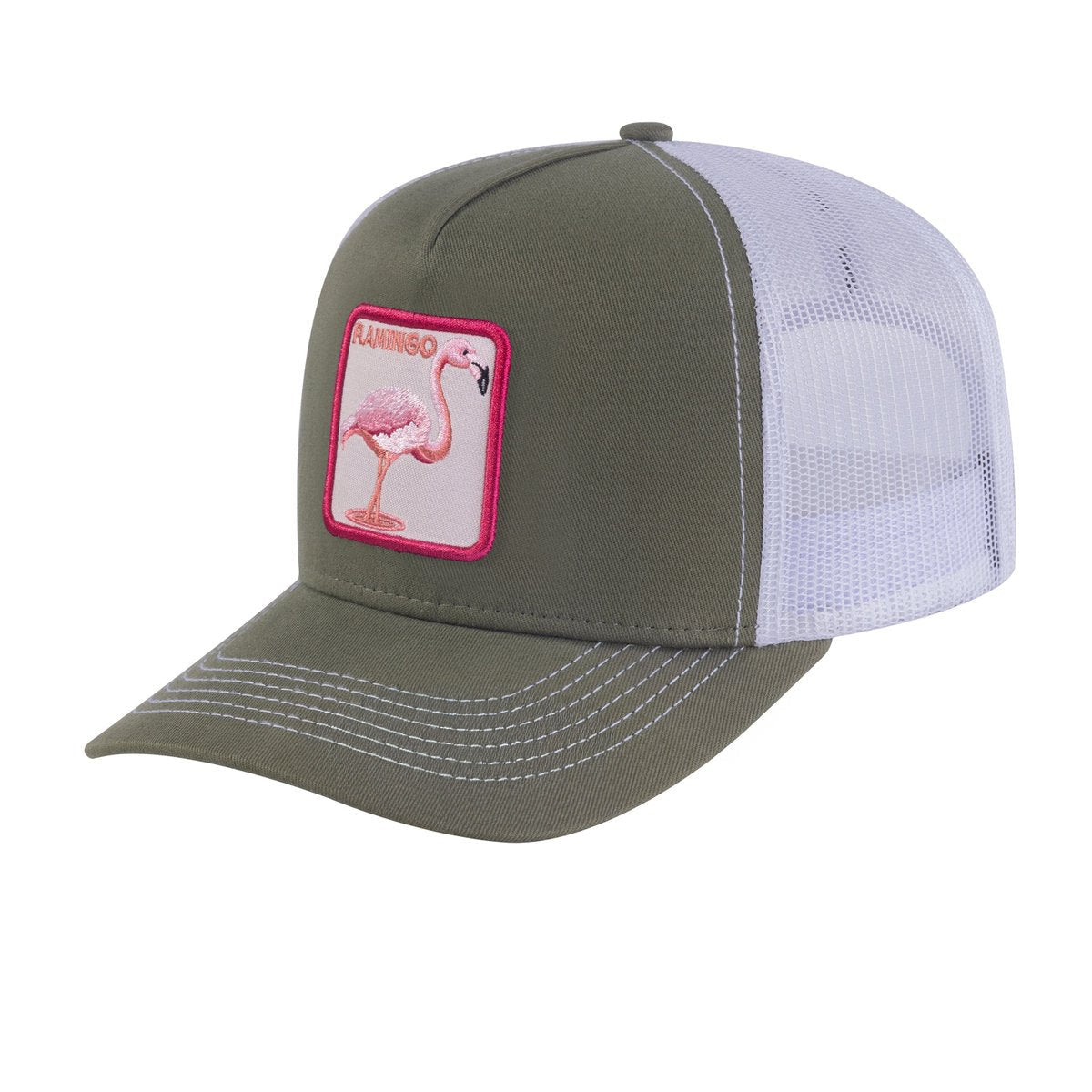 Flamingo 5-Panel Trucker Hat with Olive front and White back