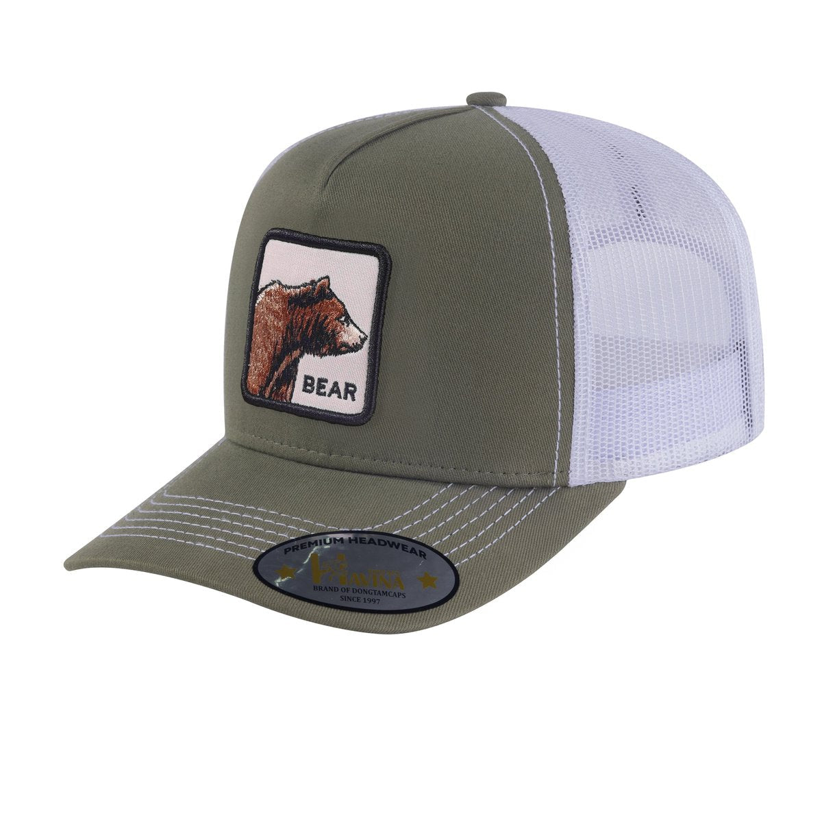 Bear 5-Panel Trucker Hat with Olive front and White back