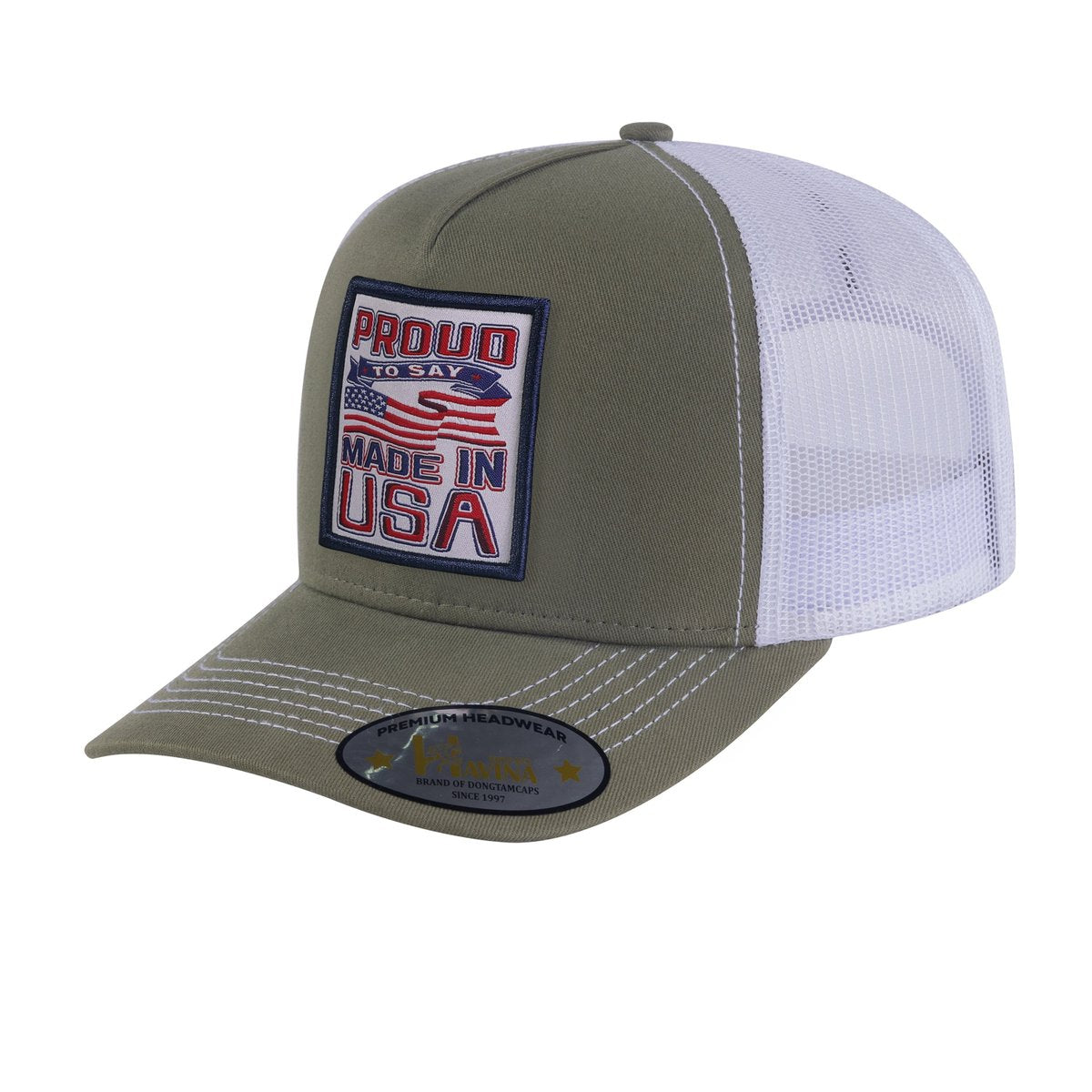 Proud to Say Made in USA 5-Panel Trucker Hat with Olive front and White back