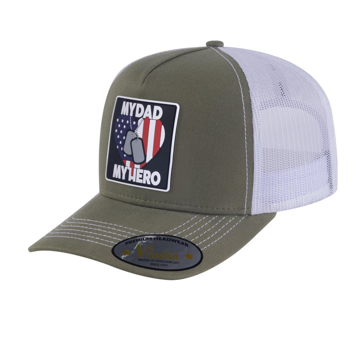 My Dad My Hero 5-Panel Trucker Hat with Olive front and White back