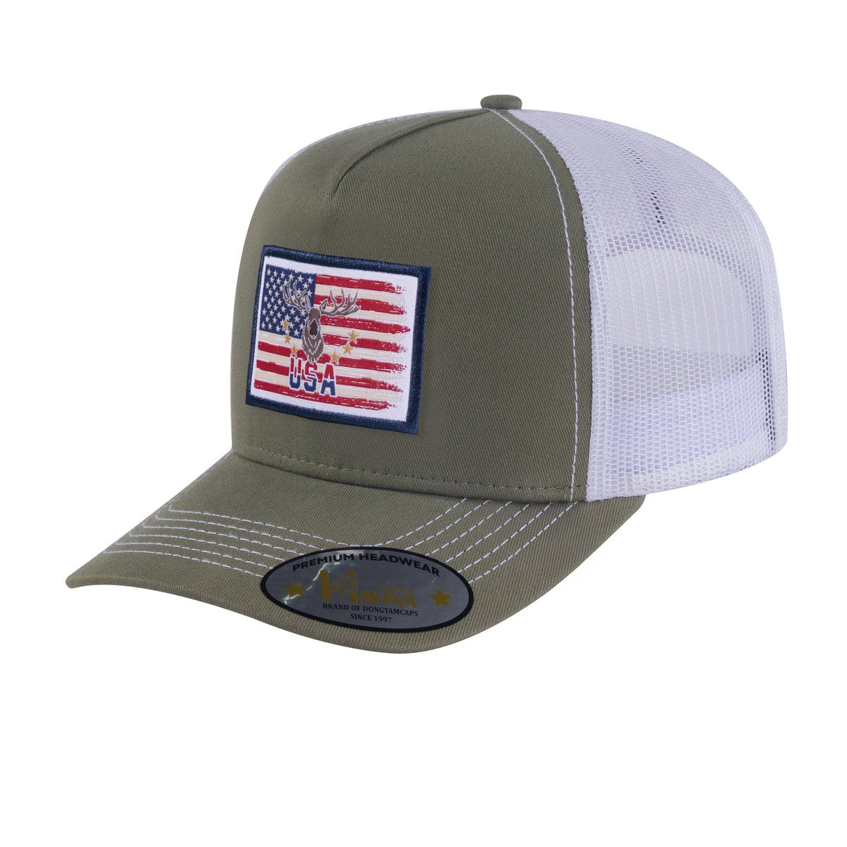 USA Deer Hunter 5-Panel Trucker Hat with Olive front and White back
