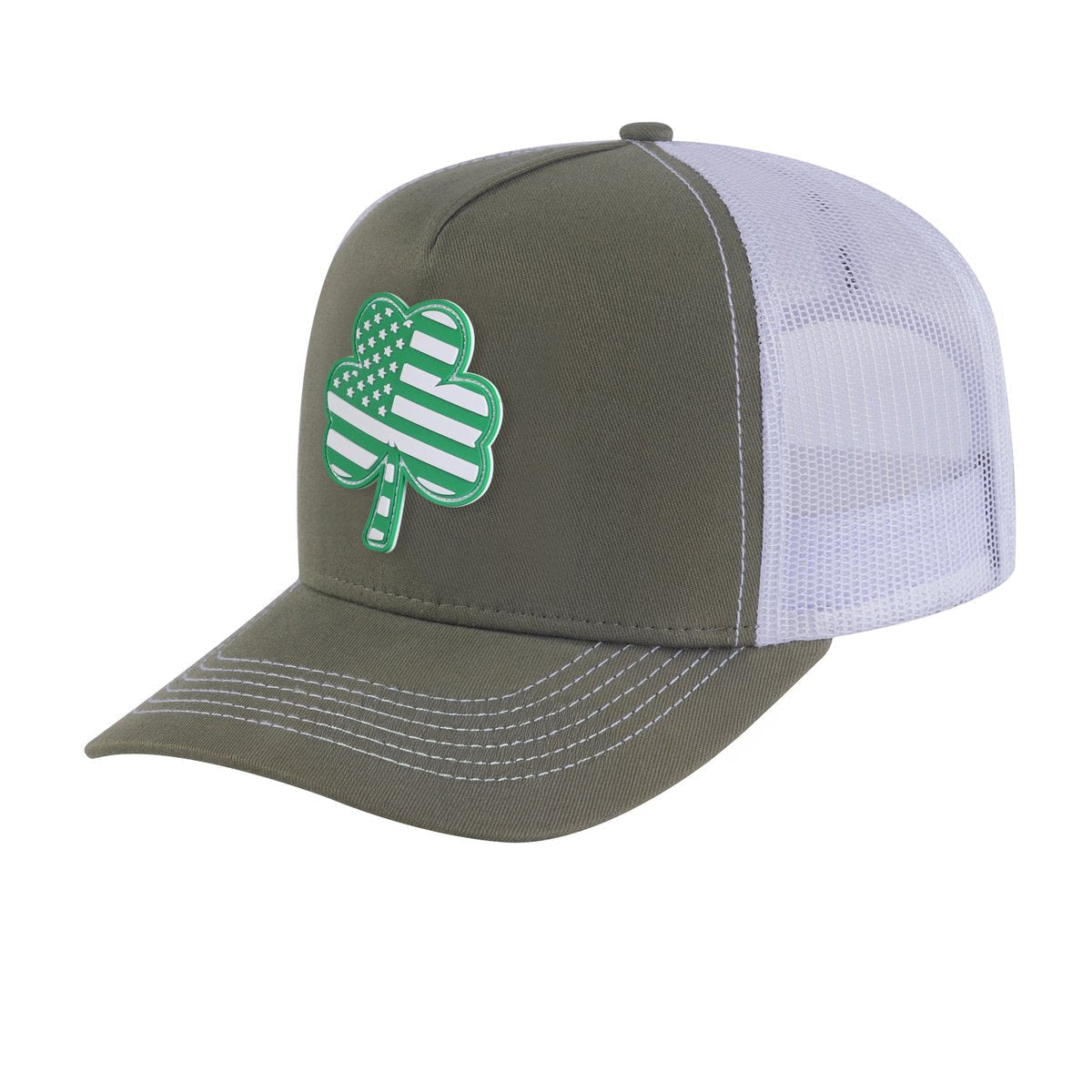 St. Patrick's Day Four Leaf Shamrock 5-Panel Trucker Hat with Olive front and White back