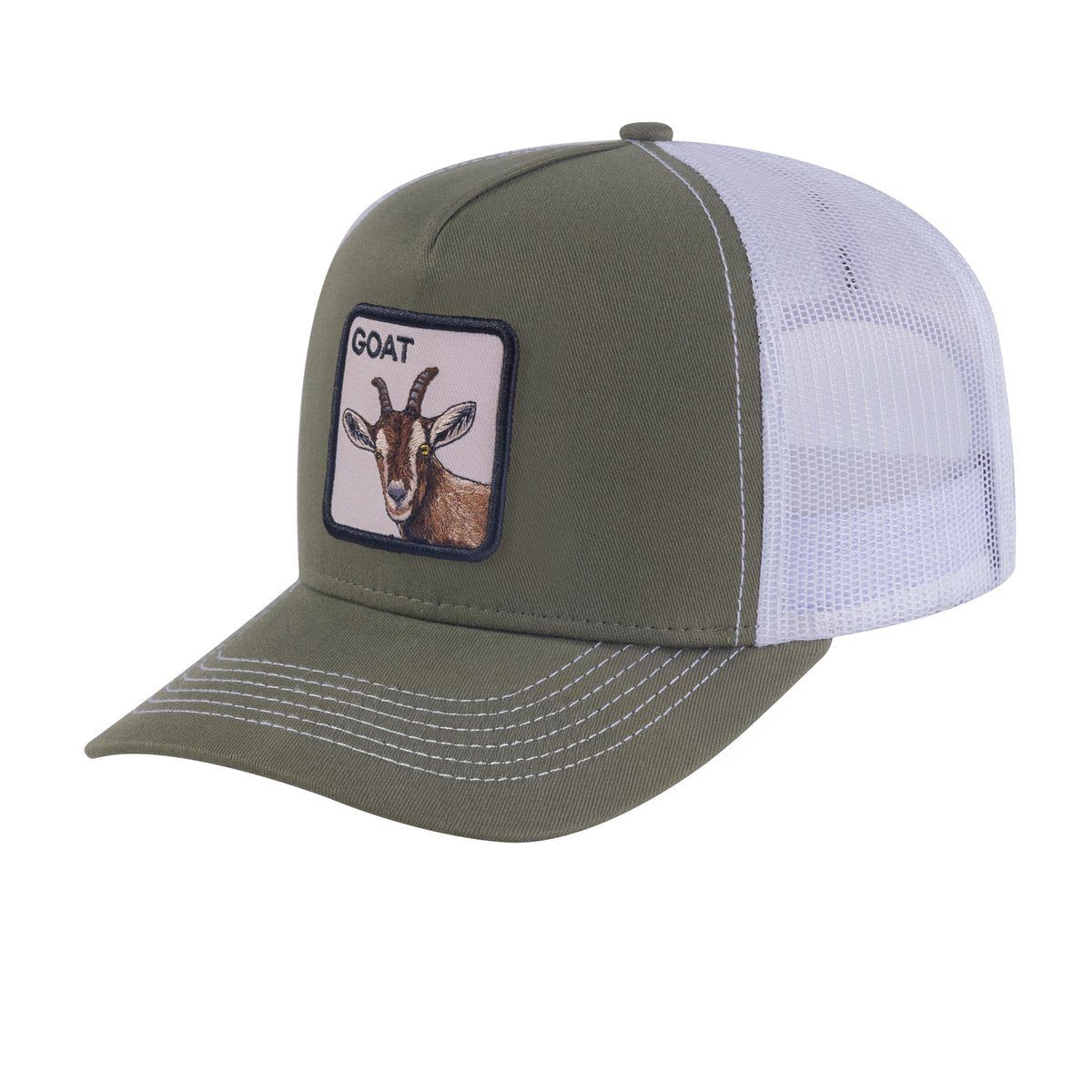 Goat 5-Panel Trucker Hat with Olive front and White back