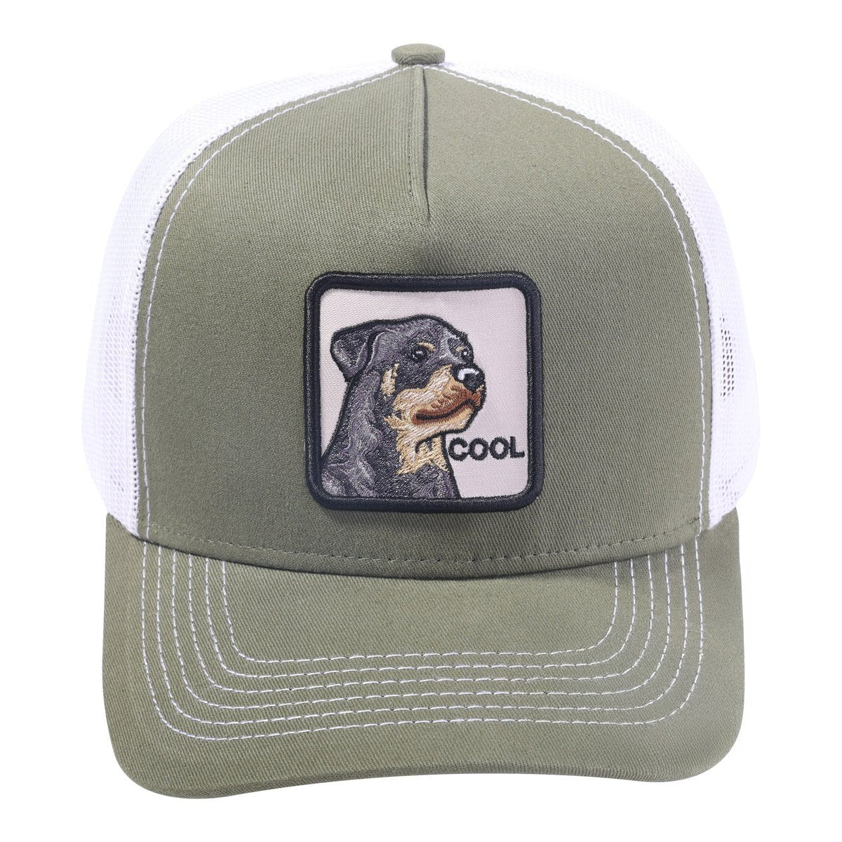Cool Dog 5-Panel Trucker Hat with Olive front and White back