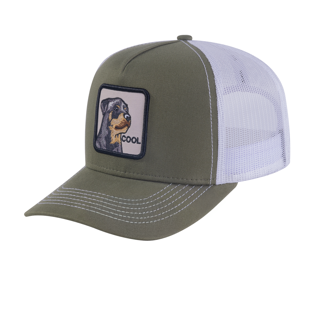 Cool Dog 5-Panel Trucker Hat with Olive front and White back