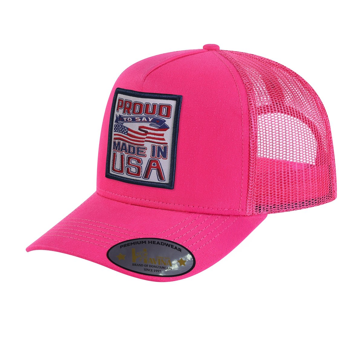 Proud to Say Made in USA 5-Panel Trucker Hat with Pink front and Pink back