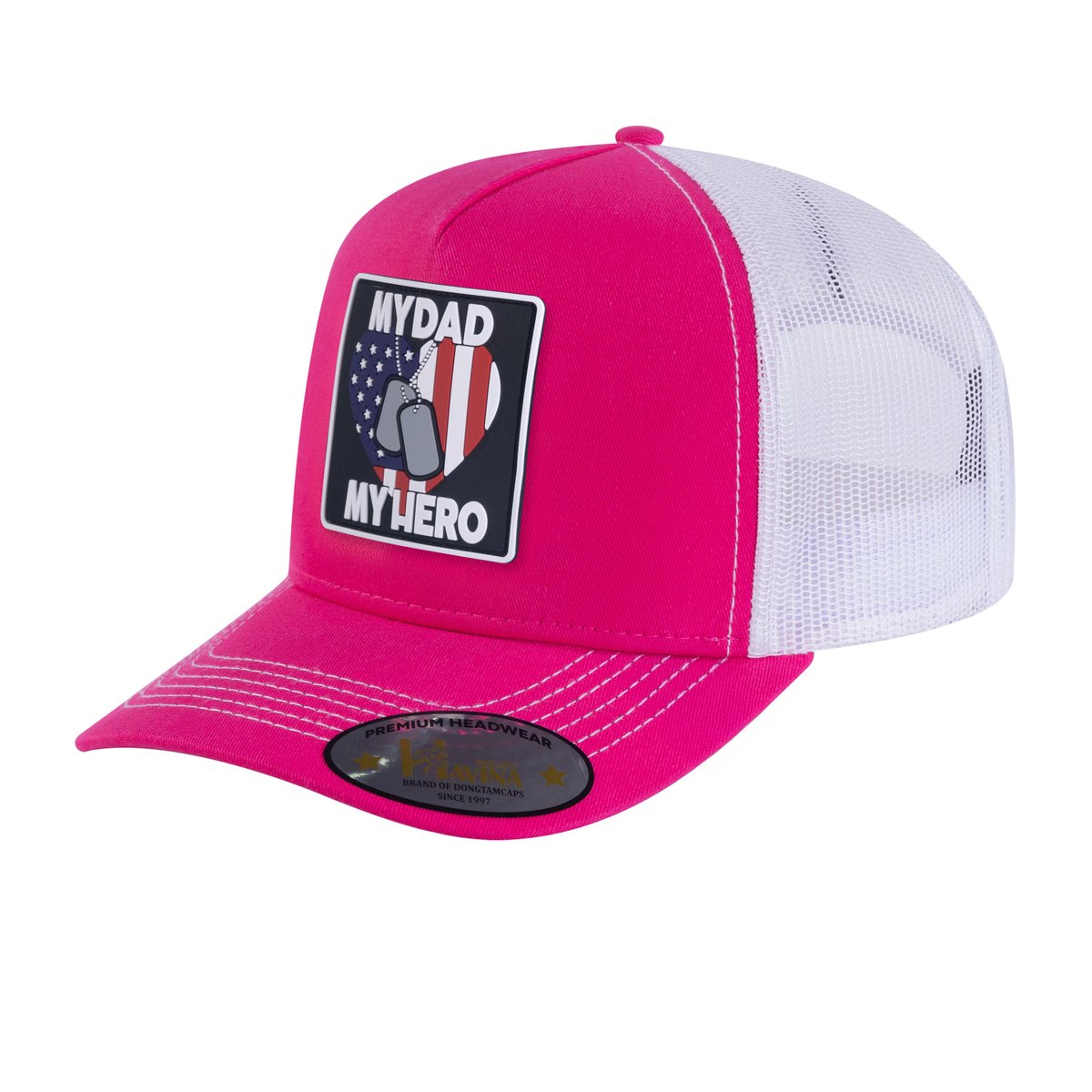 My Dad My Hero 5-Panel Trucker Hat with Pink front and White back