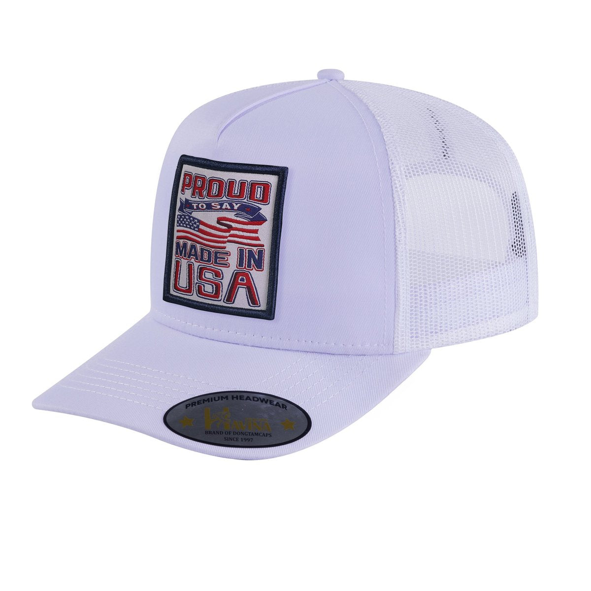 Proud to Say Made in USA 5-Panel Trucker Hat with White front and White back