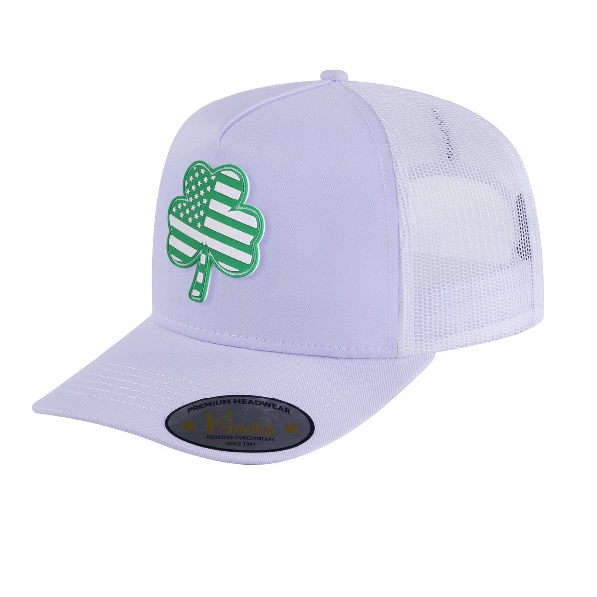 St. Patrick's Day Four Leaf Shamrock 5-Panel Trucker Hat with White front and White back