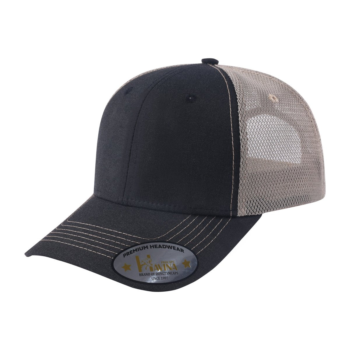 Blank 6-Panel Trucker Hat with Black front and Khaki back