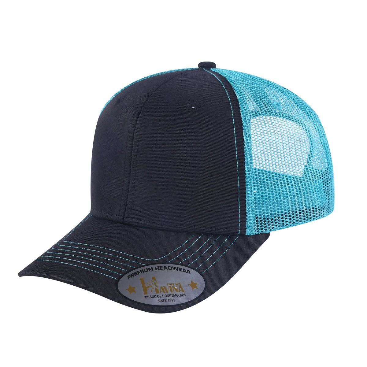 Blank 6-Panel Trucker Hat with Black front and Blue back