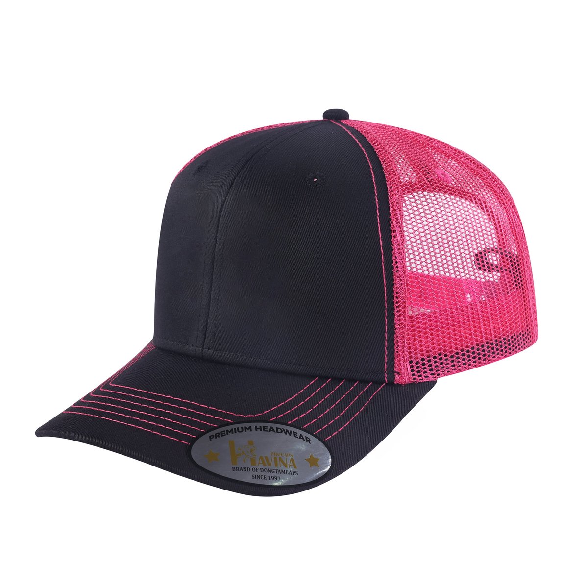 Blank 6-Panel Trucker Hat with Black front and Pink back