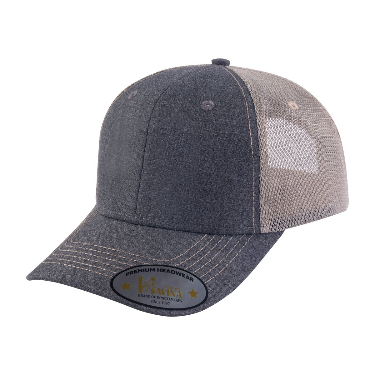 Blank 6-Panel Trucker Hat with Dark Grey front and Khaki back