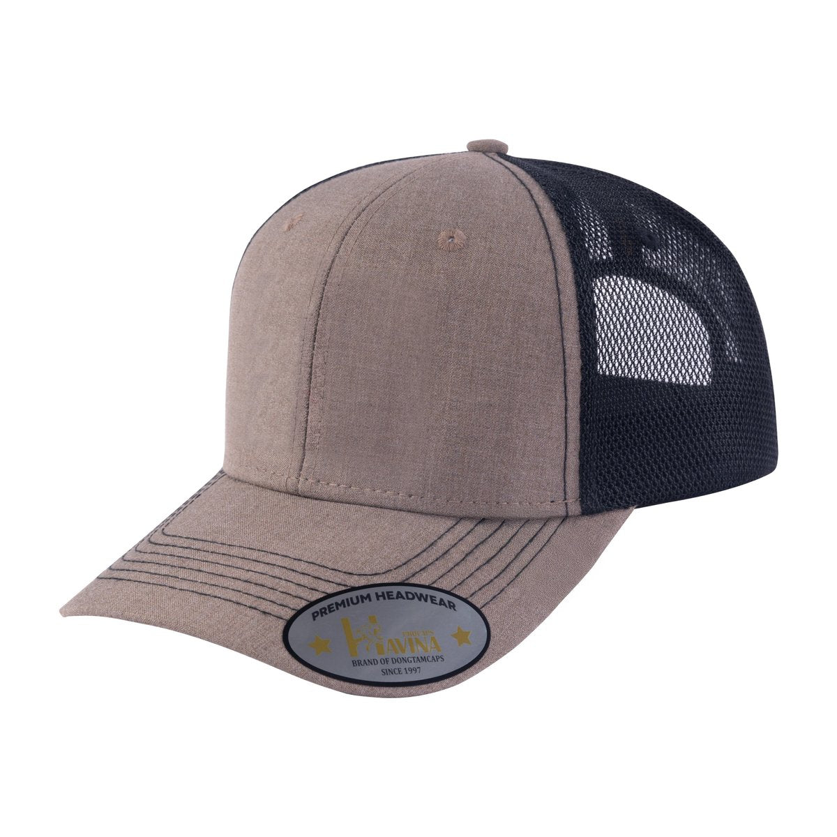 Blank 6-Panel Trucker Hat with Khaki front and Black back