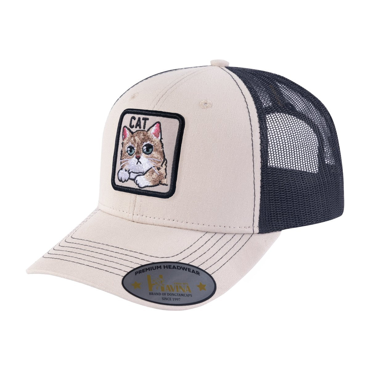 Cat 6-Panel Trucker Hat with Beige front and Black back