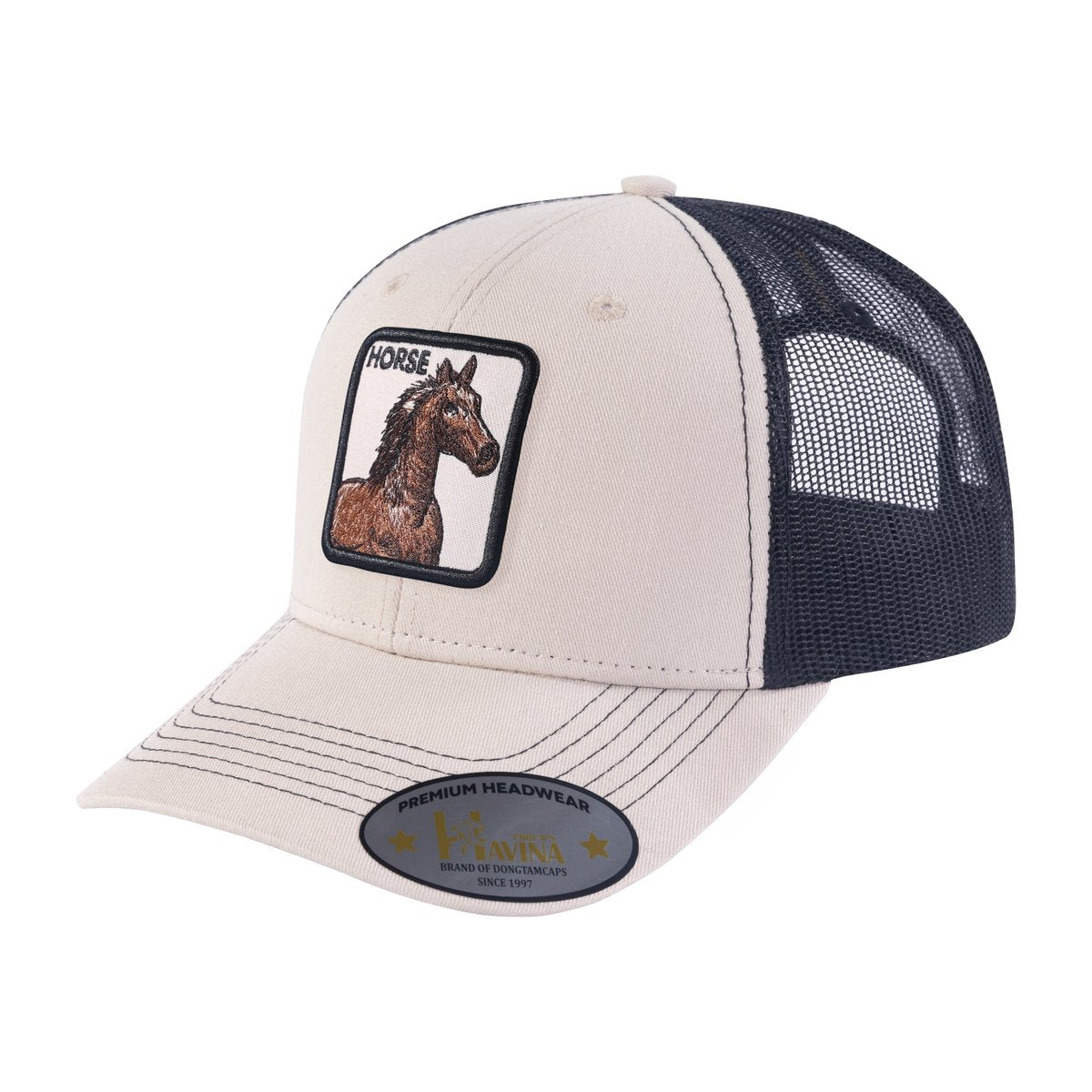 Horse 6-Panel Trucker Hat with Beige front and Black back