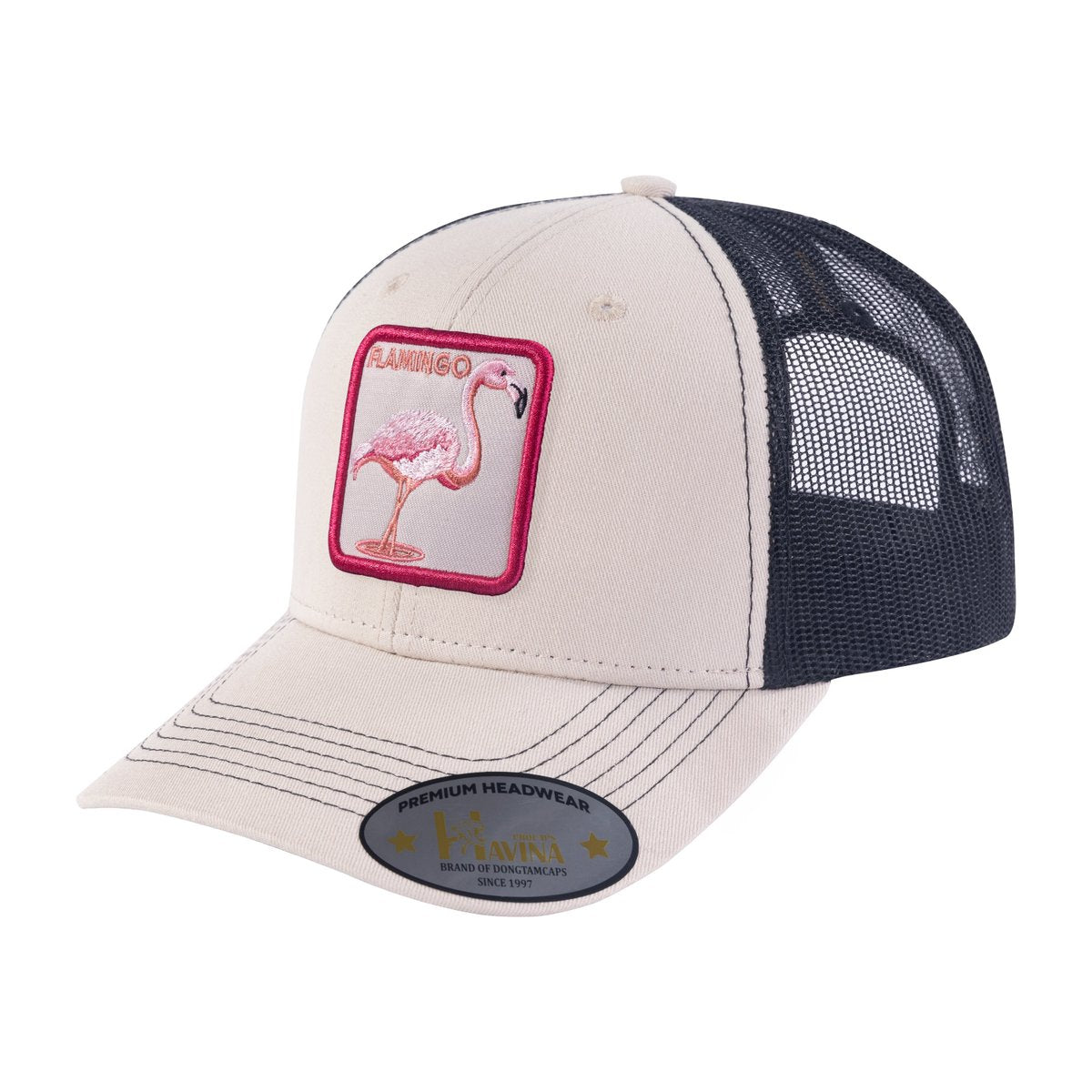Flamingo 6-Panel Trucker Hat with Khaki front and Black back