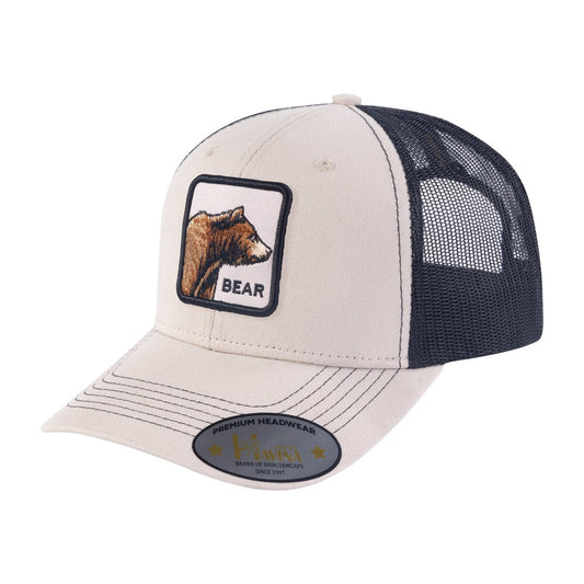 Bear 6-Panel Trucker Hat with Beige front and Black back