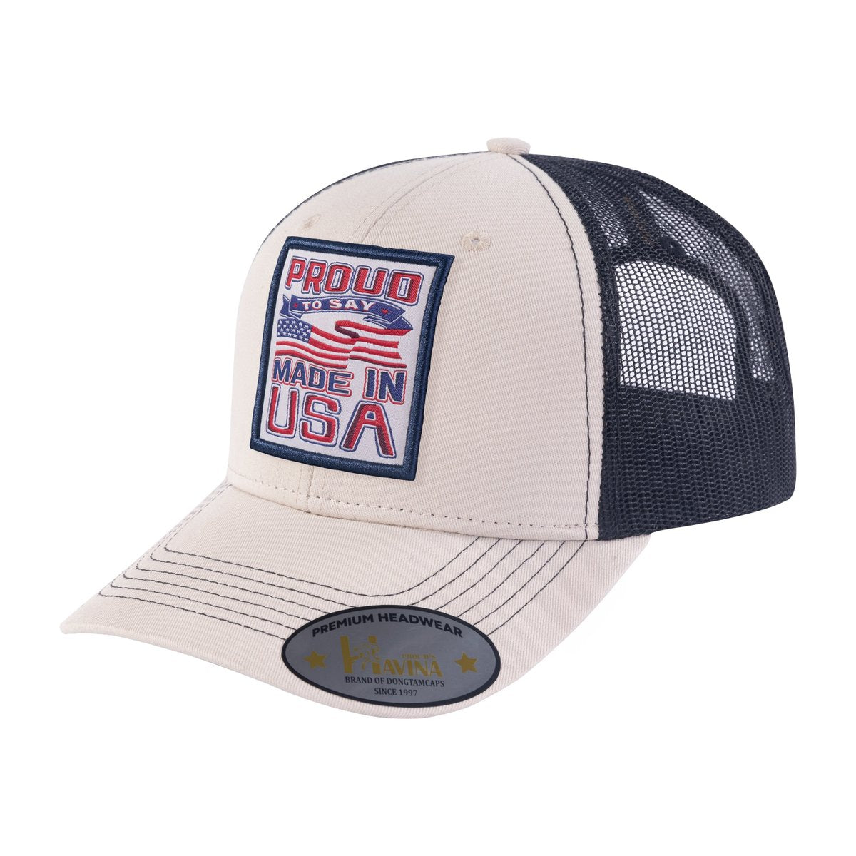 Proud to Say Made in USA 6-Panel Trucker Hat with Beige front and Black back