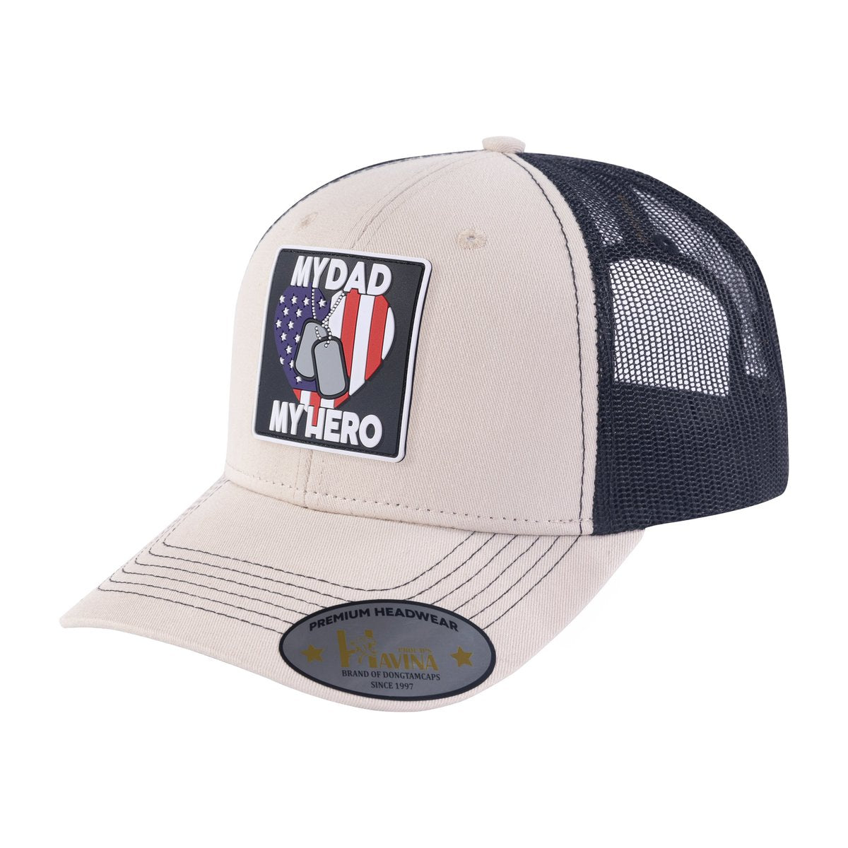 My Dad My Hero 6-Panel Trucker Hat with Beige front and Black back