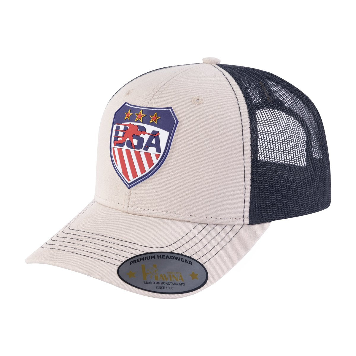 Loving Hockey 6-Panel Trucker Hat with Beige front and Black back