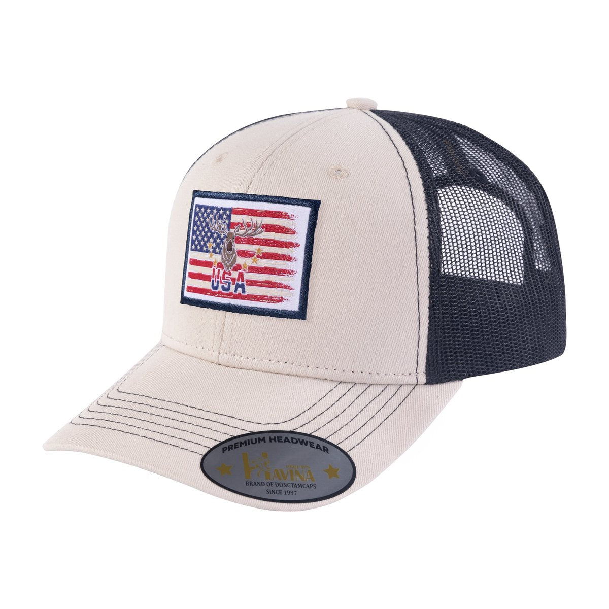 USA Deer Hunter 6-Panel Trucker Hat with Beige front and Black back