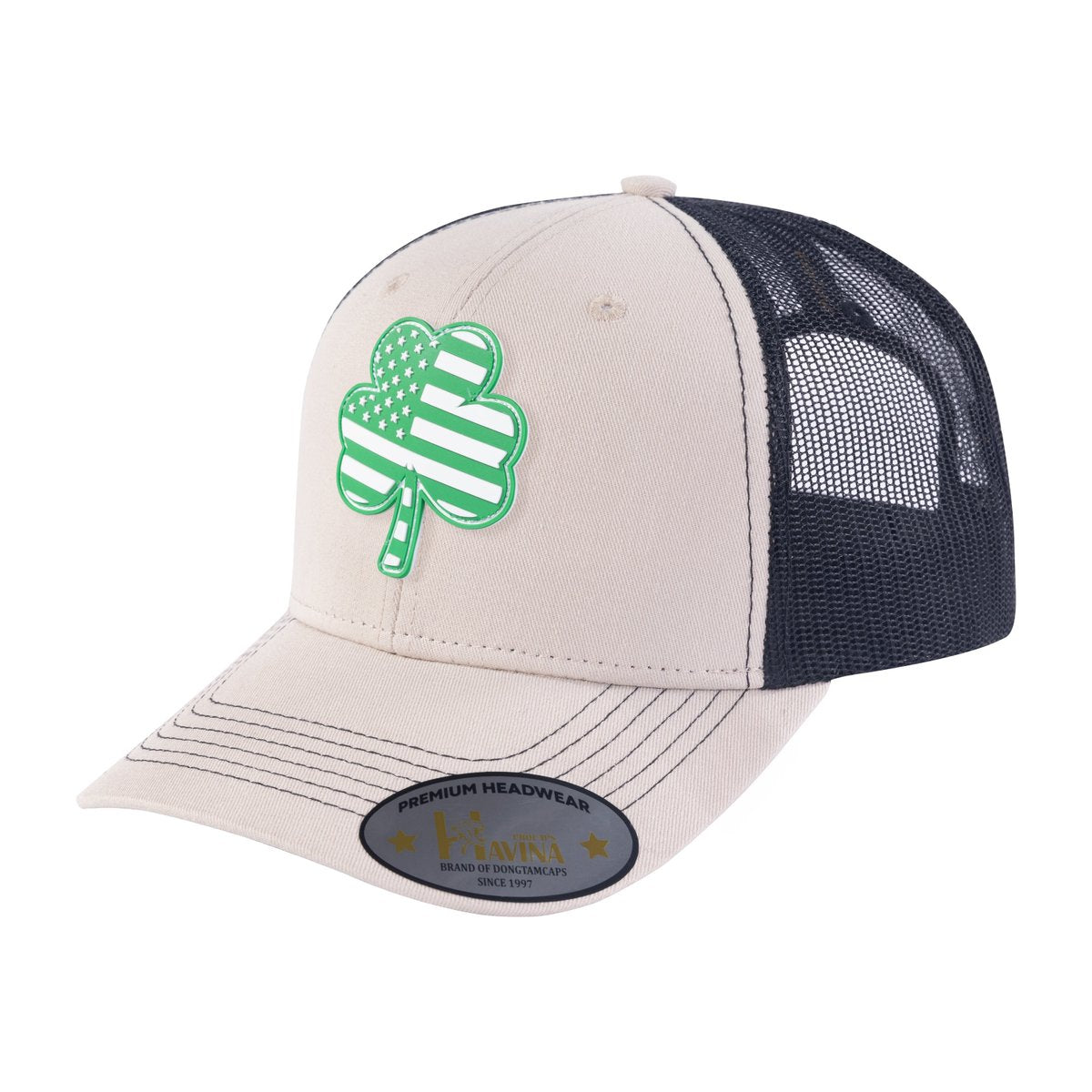 St. Patrick's Day Four Leaf Shamrock 6-Panel Trucker Hat with Beige front and Black back