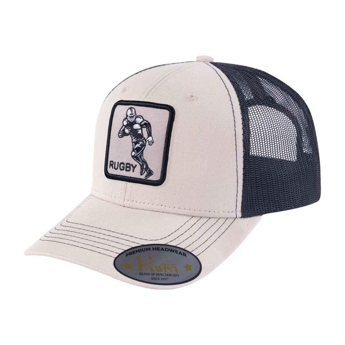 Rugby 6-Panel Trucker Hat with Beige front and Black back