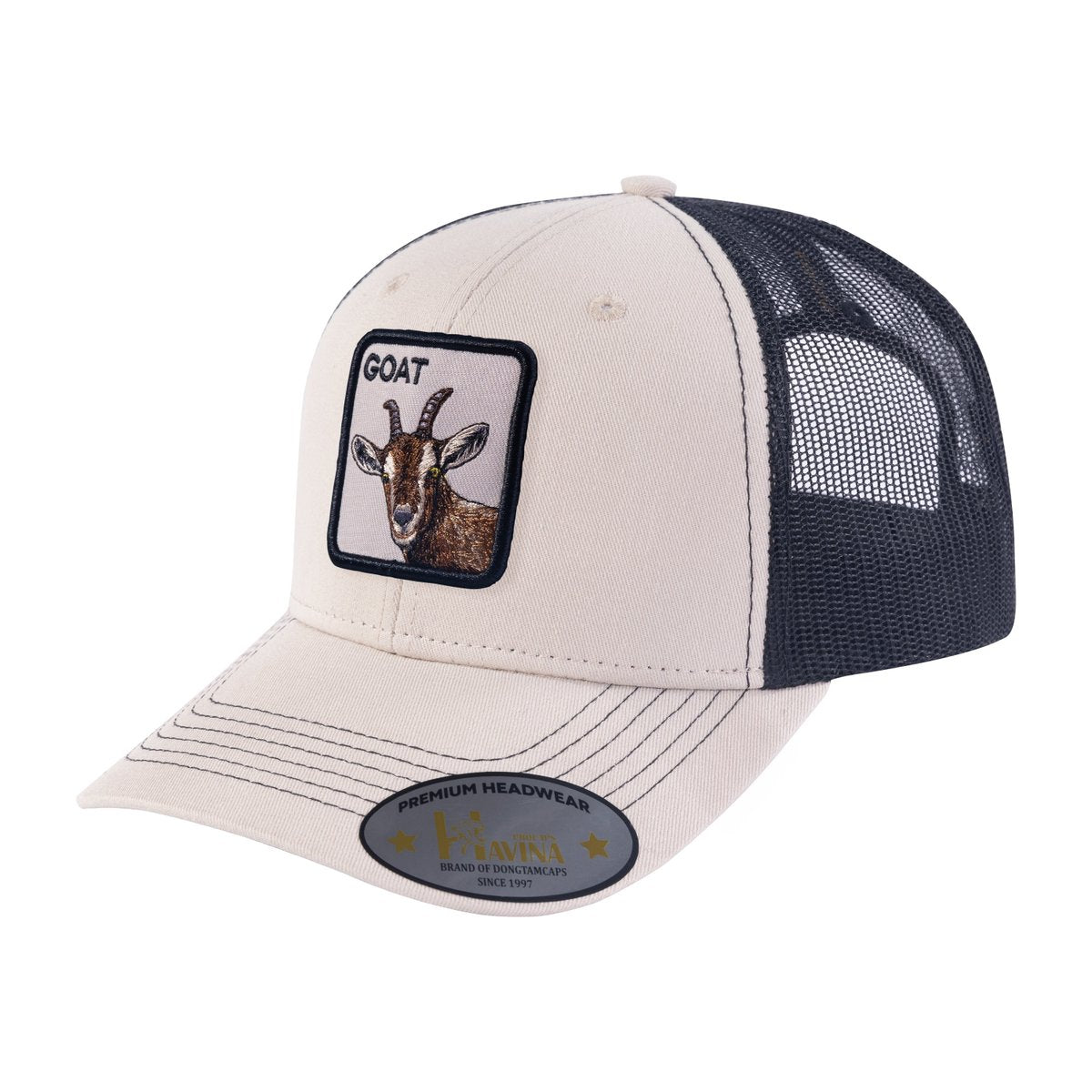 Goat 6-Panel Trucker Hat with Beige front and Black back