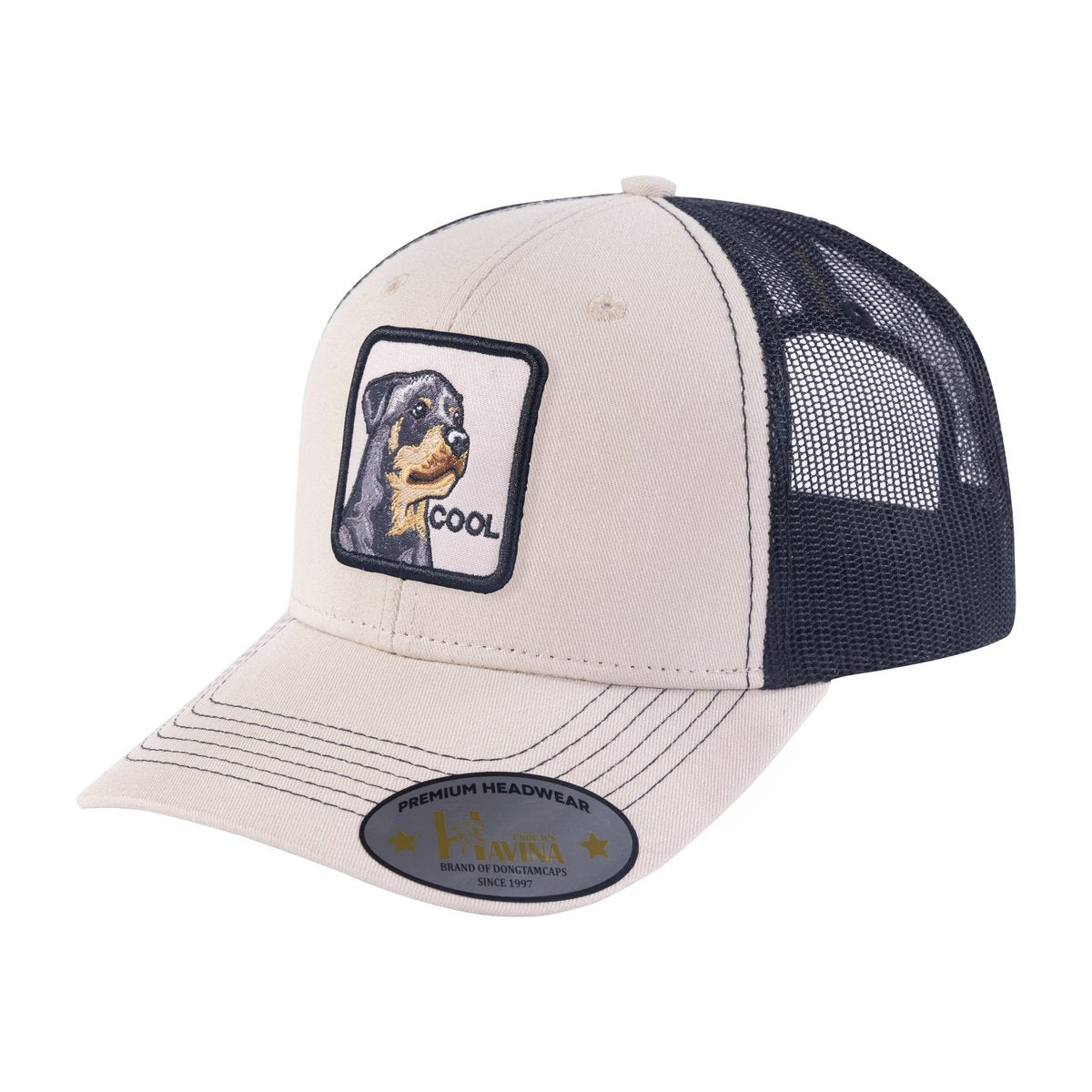 Cool Dog 6-Panel Trucker Hat with Beige front and Black back