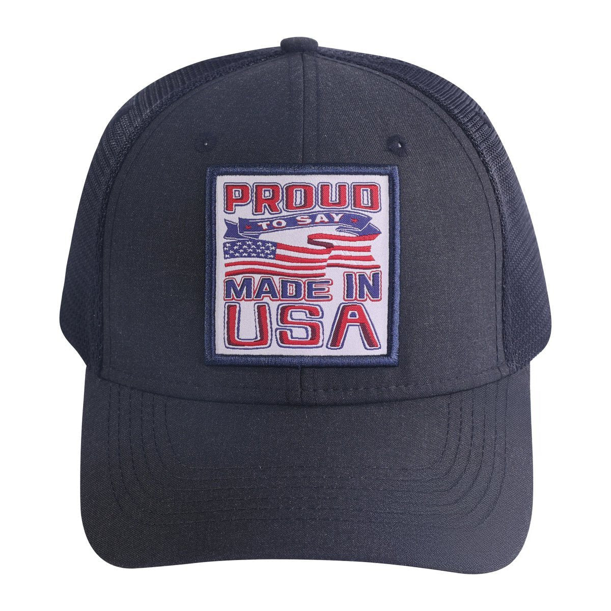 Proud to Say Made in USA 6-Panel Trucker Hat with Black front and Black back