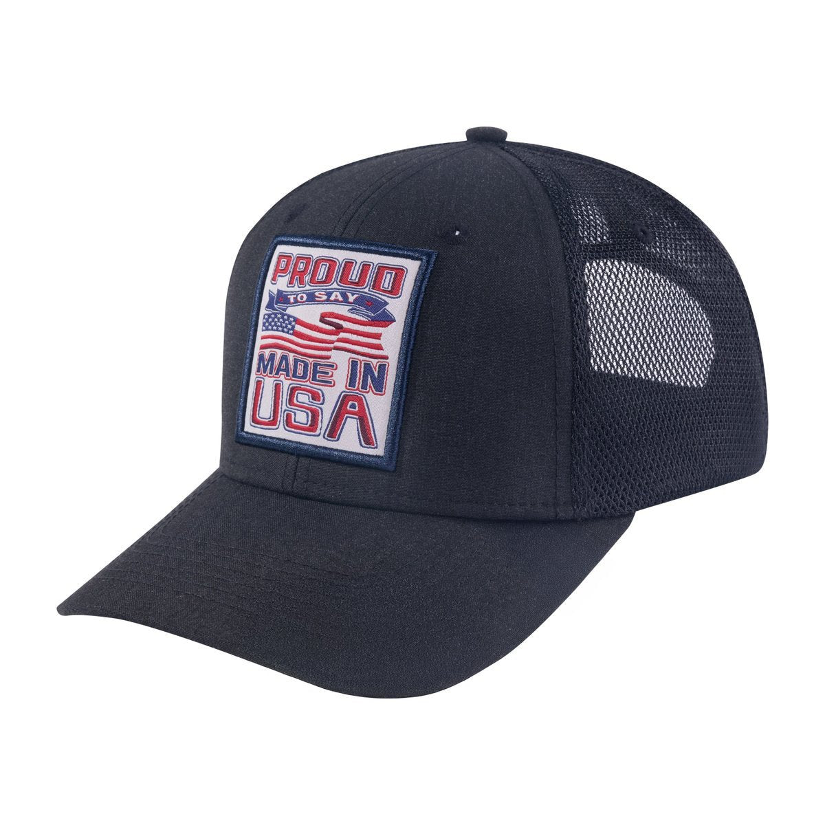 Proud to Say Made in USA 6-Panel Trucker Hat with Black front and Black back