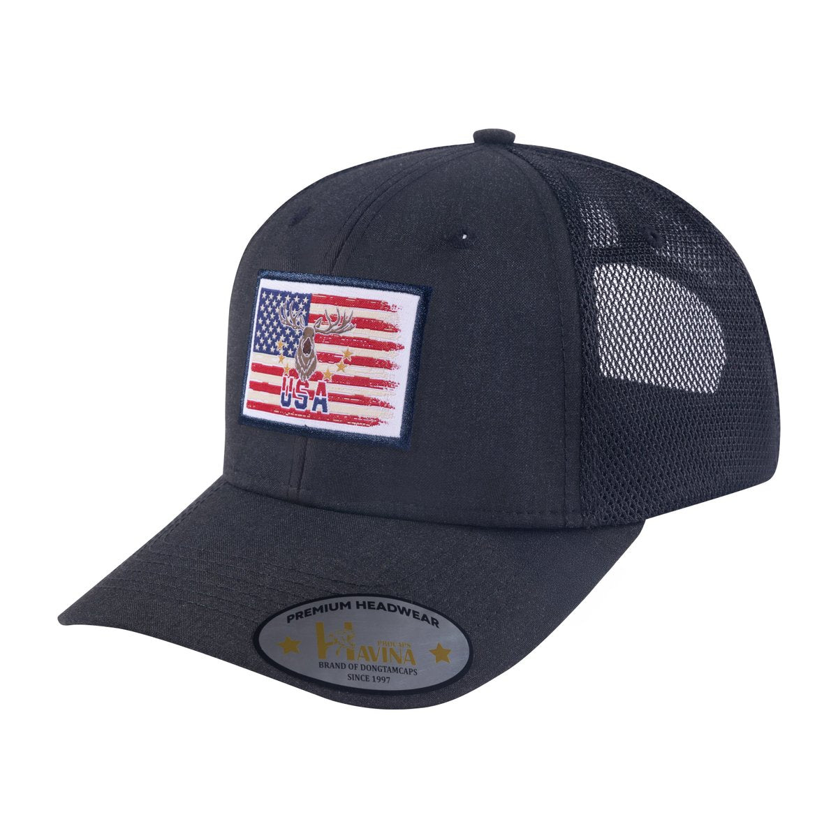 USA Deer Hunter 6-Panel Trucker Hat with Black front and Black back