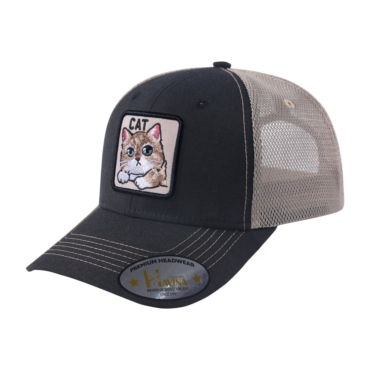 Cat 6-Panel Trucker Hat with Black front and Khaki back